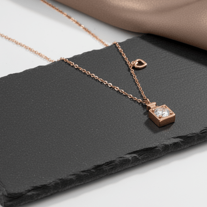 Rose Gold Square Solitaire CZ Pendant Necklace - Zirak Silver