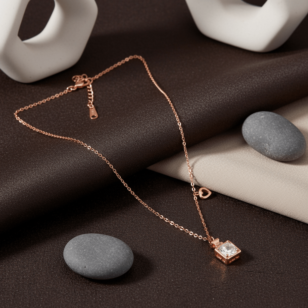 Rose Gold Square Solitaire CZ Pendant Necklace - Zirak Silver