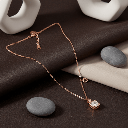 Rose Gold Square Solitaire CZ Pendant Necklace - Zirak Silver