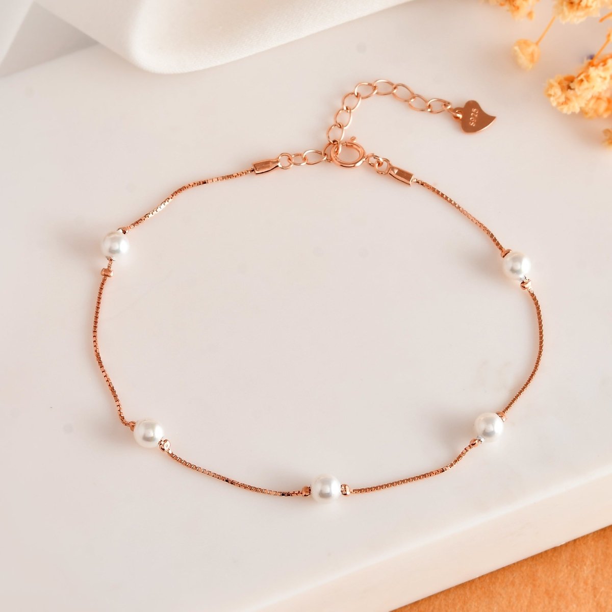Rose - Gold Vermeil Box - Chain Bracelet with Floating White Pearl Stations - Zirak Silver