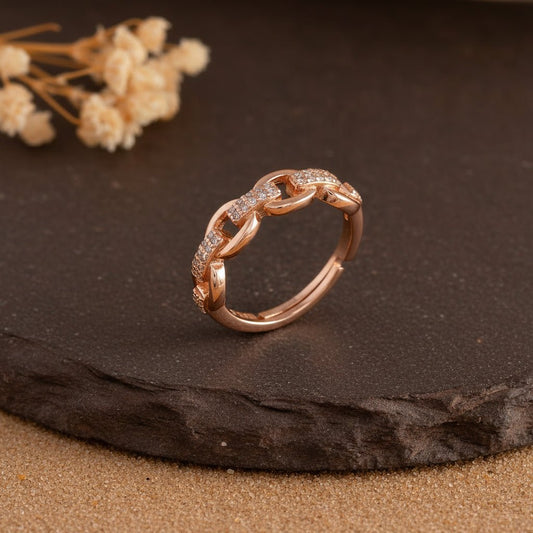 Rose Gold Vermeil Cuban Chain Link Ring with Micro - Pavé CZ – 925 Sterling Silver Statement Band - Zirak Silver