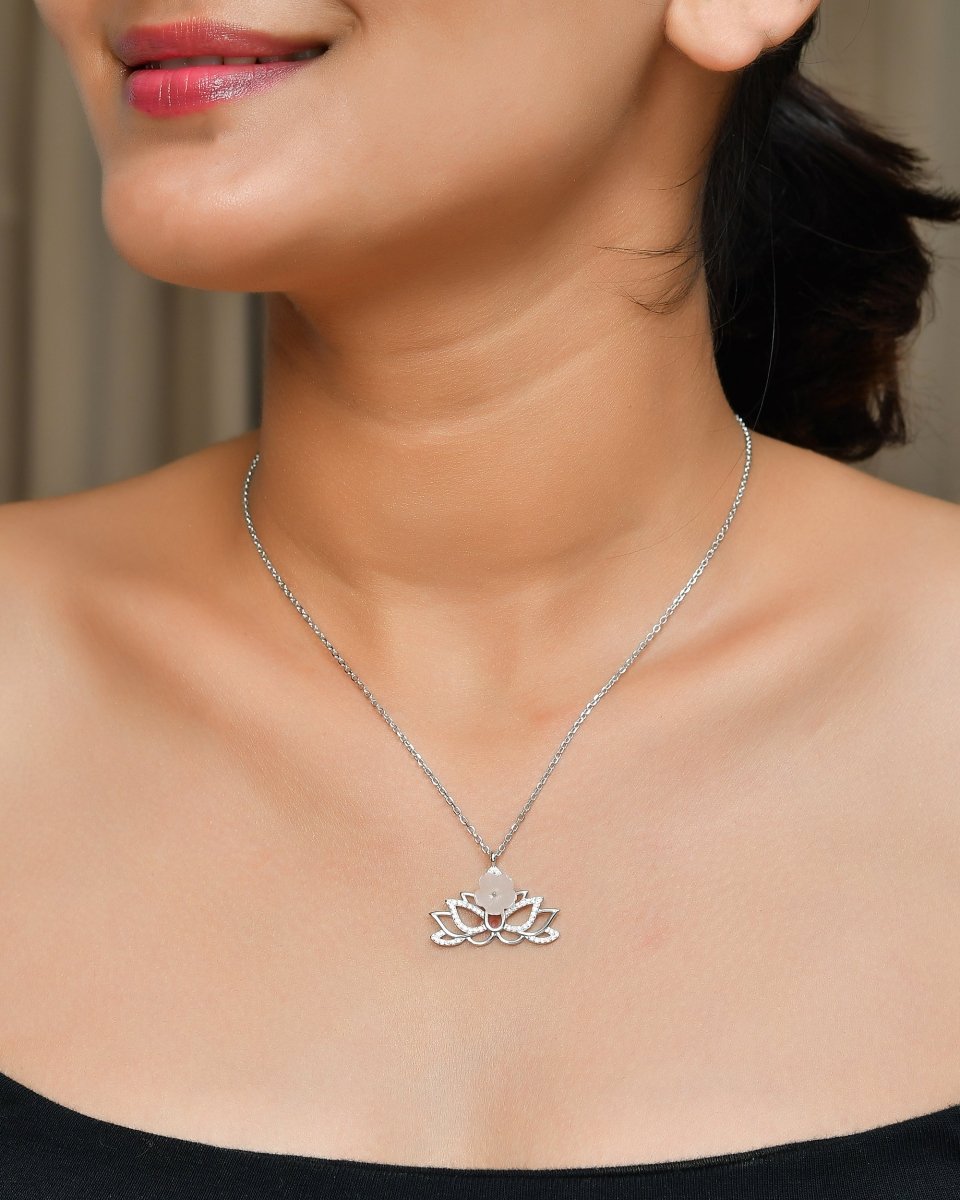 Rose Quartz Lotus Sterling Silver Necklace – CZ Pavé Yoga Pendant - Zirak Silver