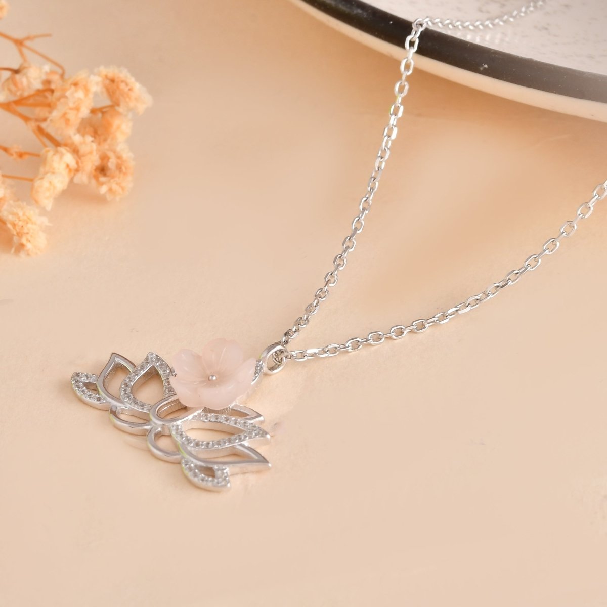 Rose Quartz Lotus Sterling Silver Necklace – CZ Pavé Yoga Pendant - Zirak Silver