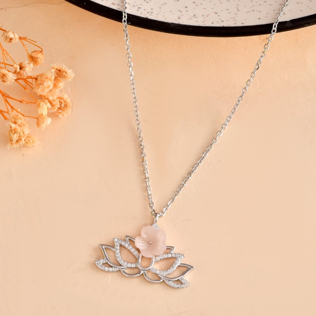 Rose Quartz Lotus Sterling Silver Necklace – CZ Pavé Yoga Pendant - Zirak Silver