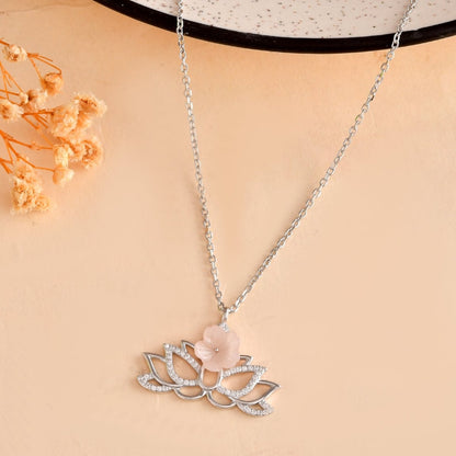 Rose Quartz Lotus Sterling Silver Necklace – CZ Pavé Yoga Pendant - Zirak Silver