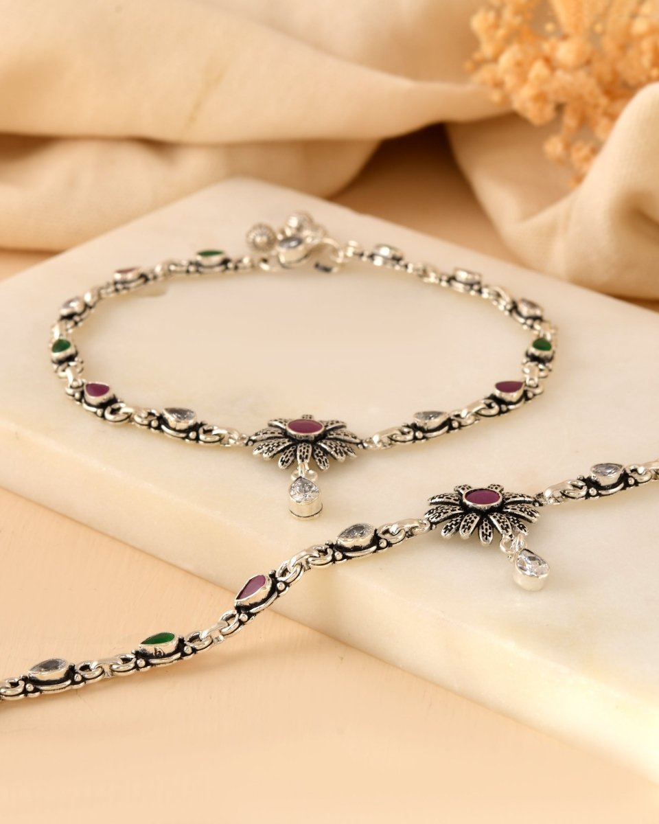 Ruby Green Floral Sunburst Anklet - Zirak Silver