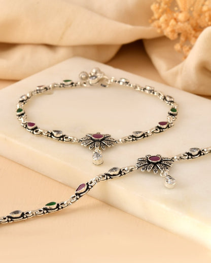 Ruby Green Floral Sunburst Anklet - Zirak Silver