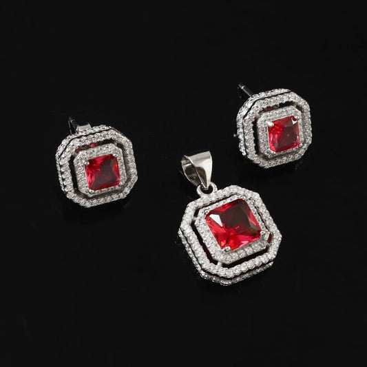 Ruby Princess Cut Pendant Set - Zirak Silver