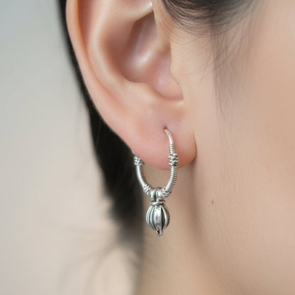 Rustic Tribal Hoop Earring with Silver Drop Bead - Zirak Silver