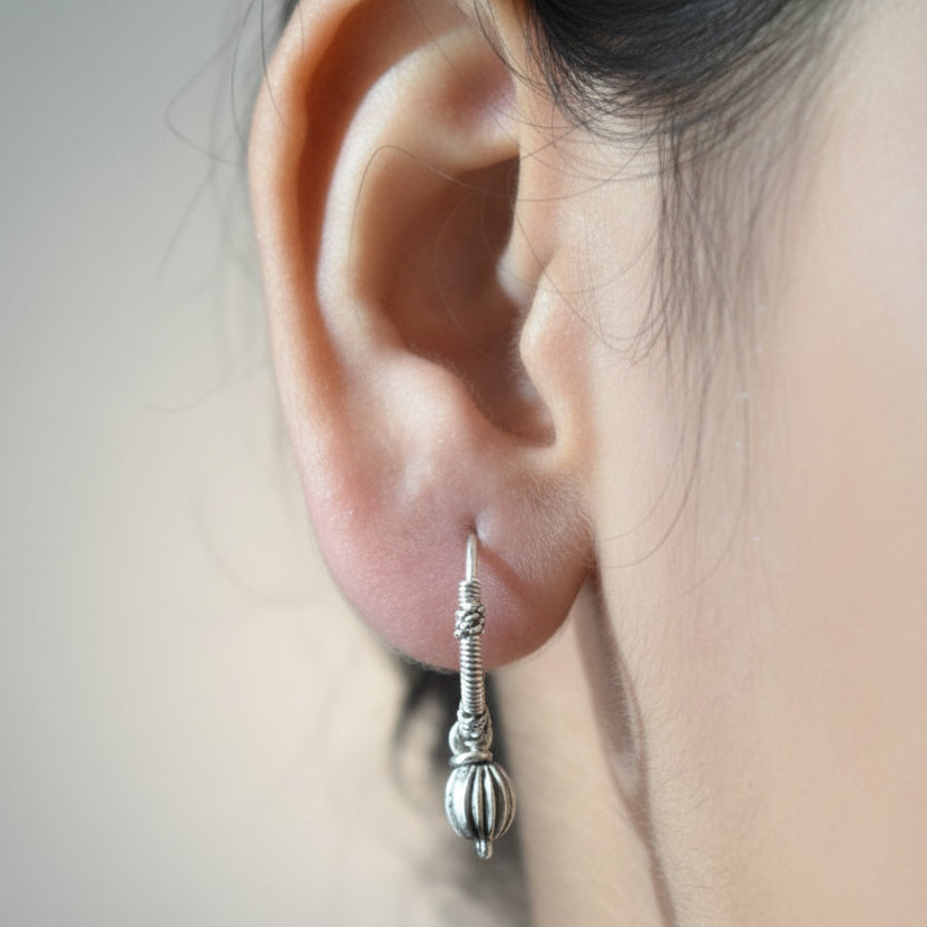 Rustic Tribal Hoop Earring with Silver Drop Bead - Zirak Silver