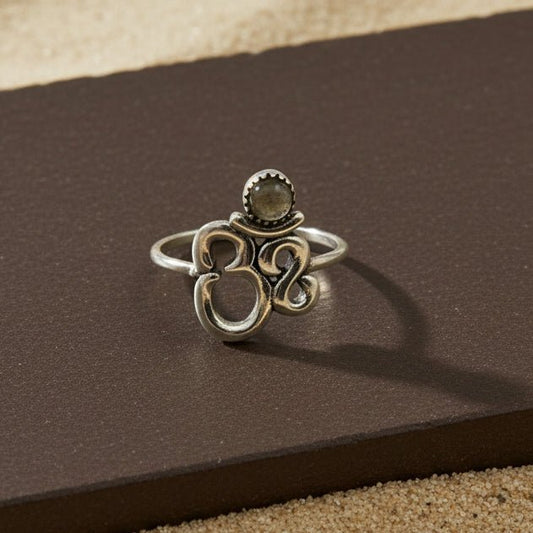Sacred Om Silver Ring with Gemstone - Zirak Silver