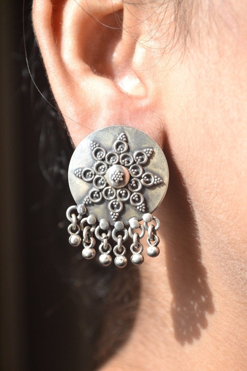 Sharvani Earrings – Oxidised 925 Silver Sunburst Stud Earrings with Ghungroo Drops - Zirak Silver