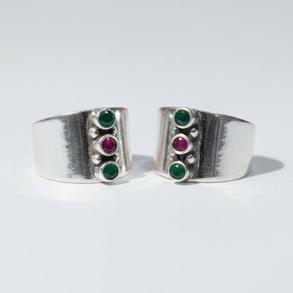 Sia Red & Green Wide Toe Rings - Zirak Silver