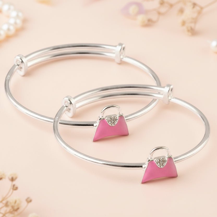 Silver Adjustable Bracelet Pair with Pink Handbag Charm - Zirak Silver