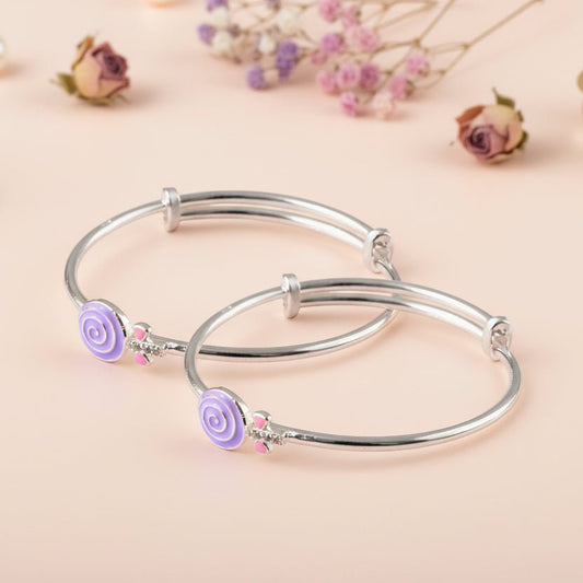 Silver Adjustable Bracelet Pair with Purple Swirl Candy Charm - Zirak Silver