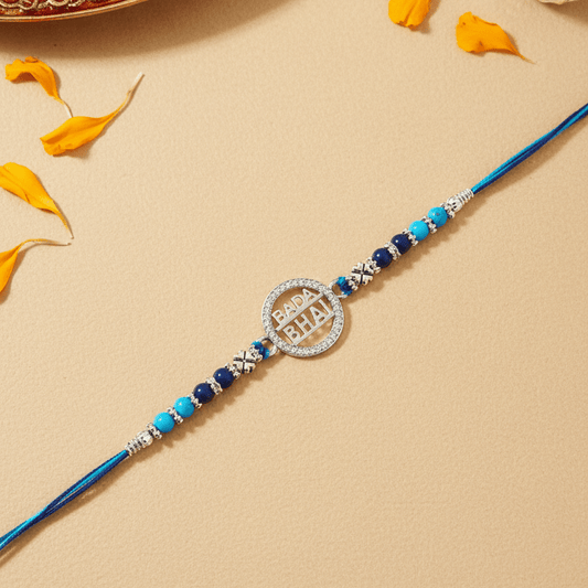 Silver Bada Bhai Rakhi | Blue Beaded Rakhi for Elder Brother | Raksha Bandhan Gift - Zirak Silver