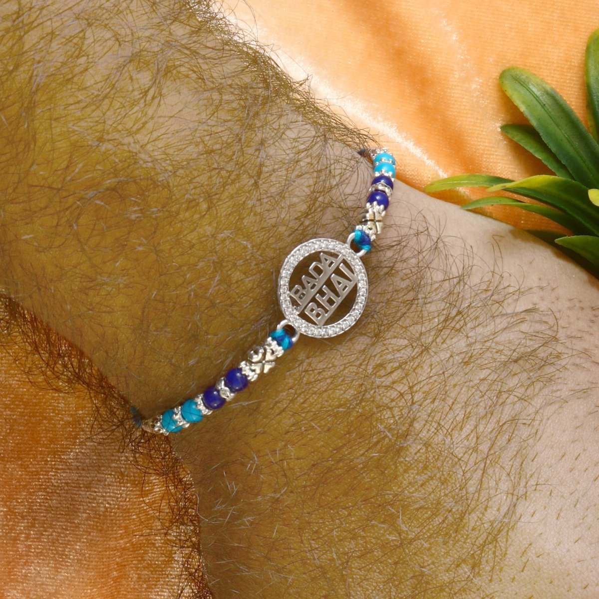 Silver Bada Bhai Rakhi | Blue Beaded Rakhi for Elder Brother | Raksha Bandhan Gift - Zirak Silver