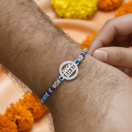Silver Bada Bhai Rakhi | Blue Beaded Rakhi for Elder Brother | Raksha Bandhan Gift - Zirak Silver