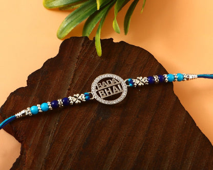 Silver Bada Bhai Rakhi | Blue Beaded Rakhi for Elder Brother | Raksha Bandhan Gift - Zirak Silver