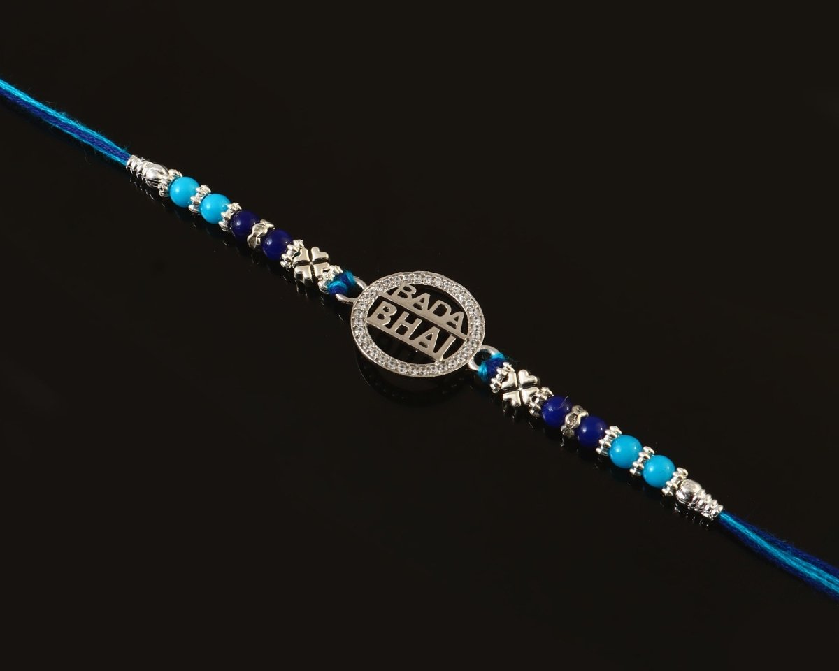 Silver Bada Bhai Rakhi | Blue Beaded Rakhi for Elder Brother | Raksha Bandhan Gift - Zirak Silver