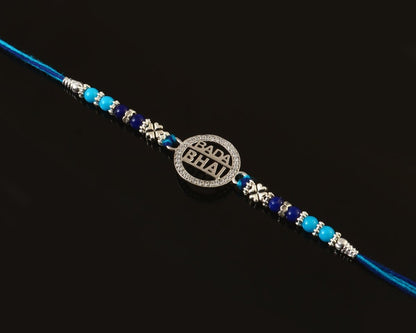 Silver Bada Bhai Rakhi | Blue Beaded Rakhi for Elder Brother | Raksha Bandhan Gift - Zirak Silver