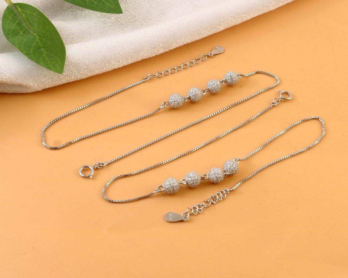 Silver Beaded Anklet | Textured Sparkle Ball Anklet | Adjustable Minimal Jewelry - Zirak Silver