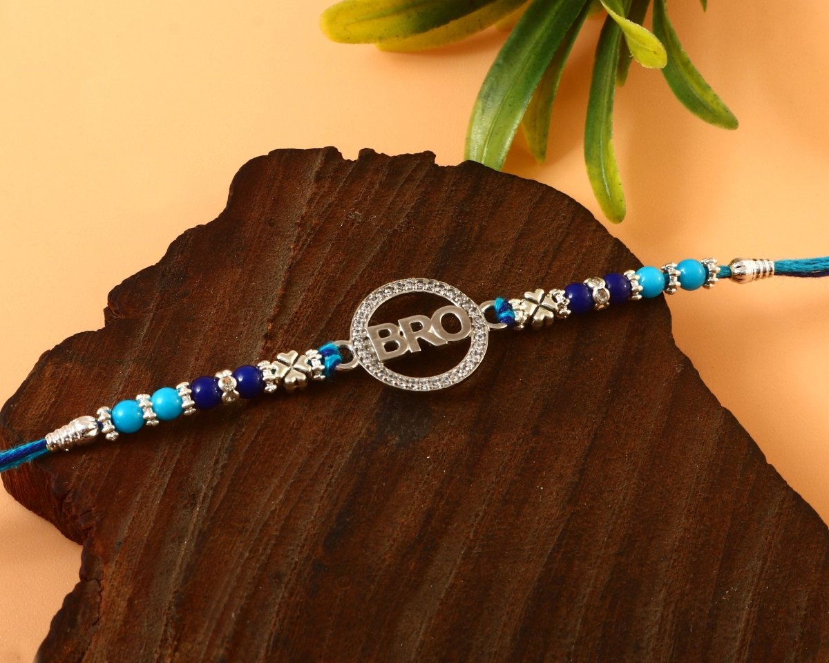 Silver "BRO" Rakhi with Blue Beads – Stylish Rakhi for Brother - Zirak Silver