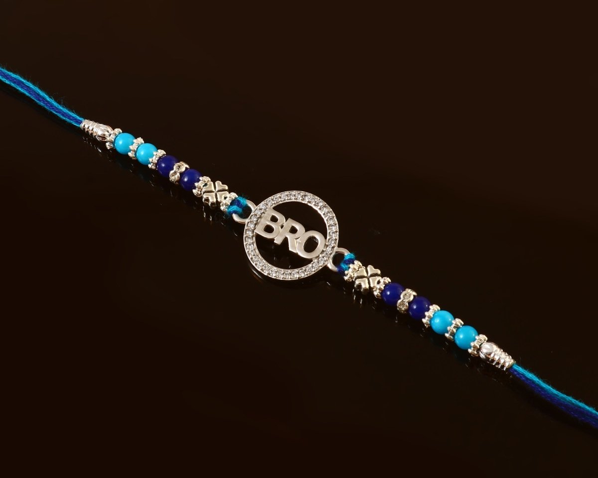 Silver "BRO" Rakhi with Blue Beads – Stylish Rakhi for Brother - Zirak Silver