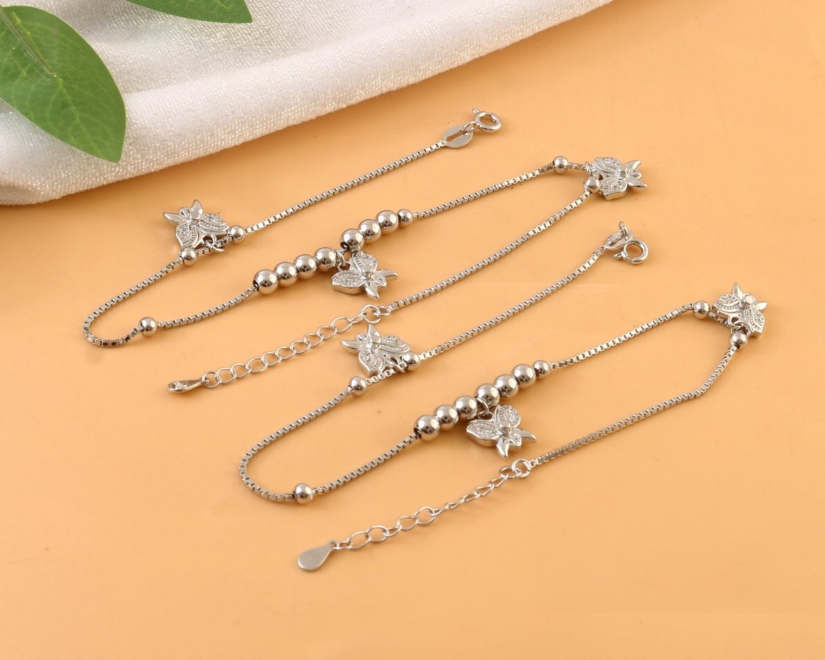 Silver Butterfly Charm Anklet | Beaded Adjustable Anklet | Dainty Everyday Jewelry - Zirak Silver