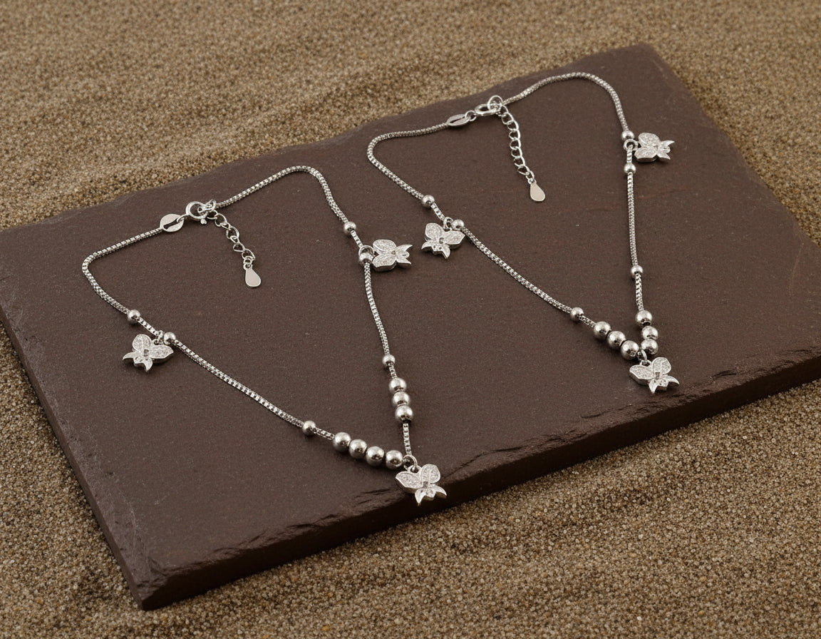 Silver Butterfly Charm Anklet | Beaded Adjustable Anklet | Dainty Everyday Jewelry - Zirak Silver