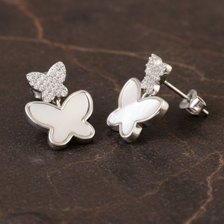 Silver Butterfly Drop Earrings – Mother of Pearl Inlay Studs for Women | 925 Sterling Silver Butterfly Jewelry - Zirak Silver