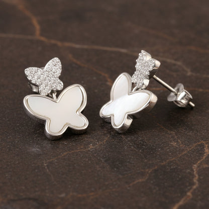 Silver Butterfly Drop Earrings – Mother of Pearl Inlay Studs for Women | 925 Sterling Silver Butterfly Jewelry - Zirak Silver