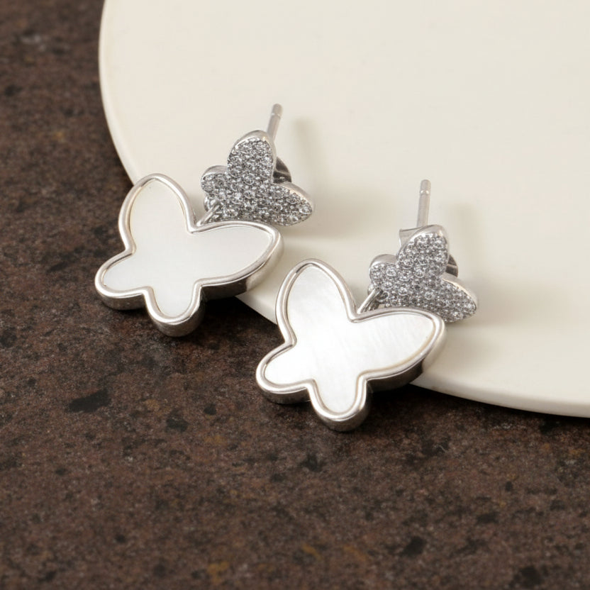 Silver Butterfly Drop Earrings – Mother of Pearl Inlay Studs for Women | 925 Sterling Silver Butterfly Jewelry - Zirak Silver