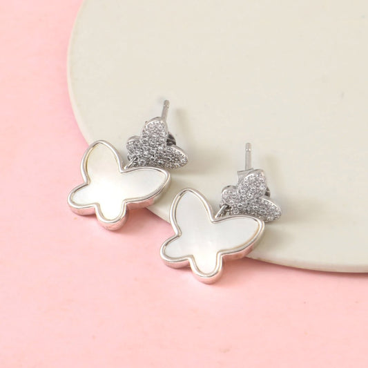 Silver Butterfly Drop Earrings – Mother of Pearl Inlay Studs for Women | 925 Sterling Silver Butterfly Jewelry - Zirak Silver