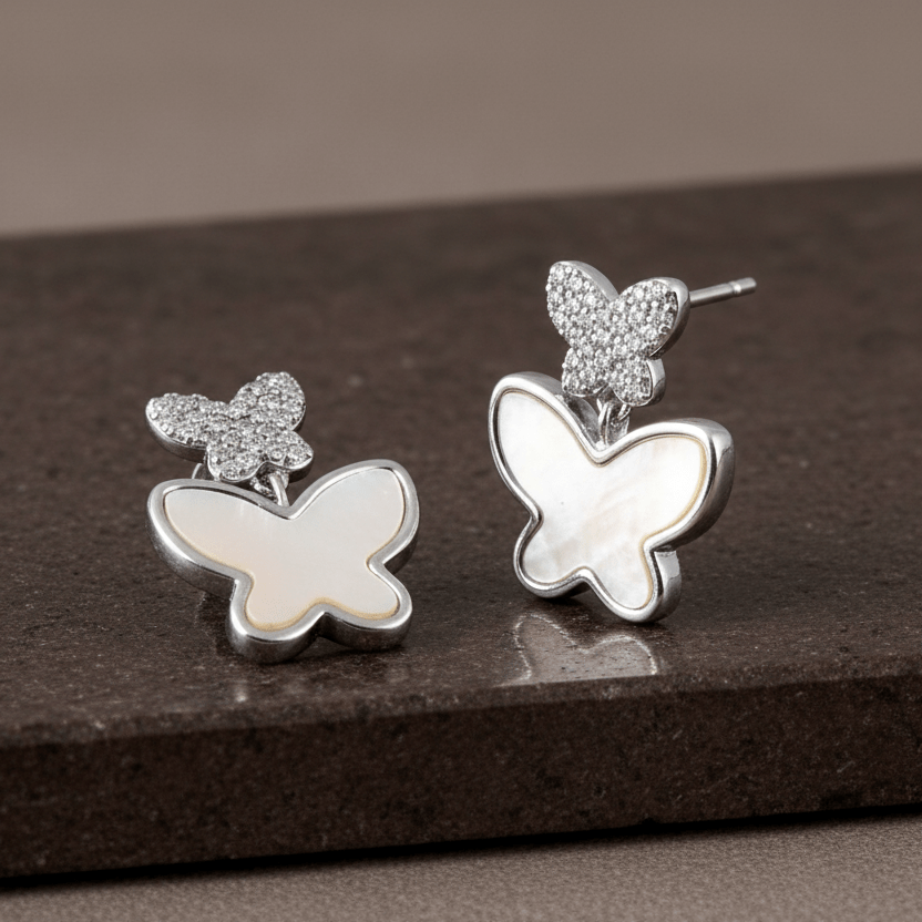 Silver Butterfly Drop Earrings – Mother of Pearl Inlay Studs for Women | 925 Sterling Silver Butterfly Jewelry - Zirak Silver
