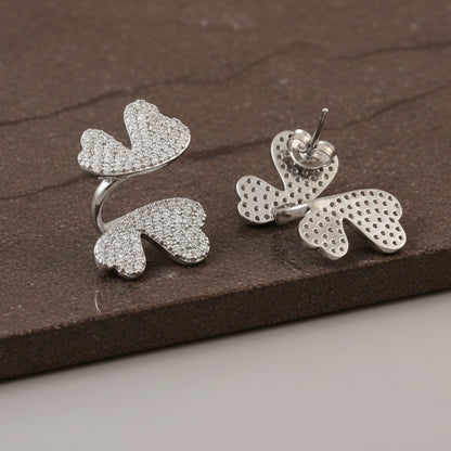 Silver Butterfly Heart Earrings – Pavé CZ Statement Studs for Women - Zirak Silver