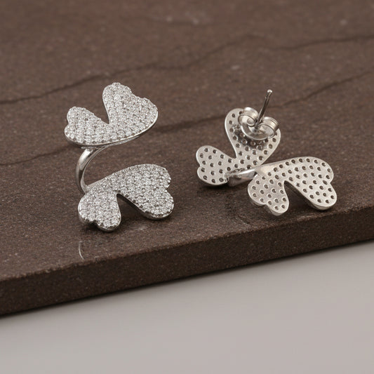 Silver Butterfly Heart Earrings – Pavé CZ Statement Studs for Women - Zirak Silver