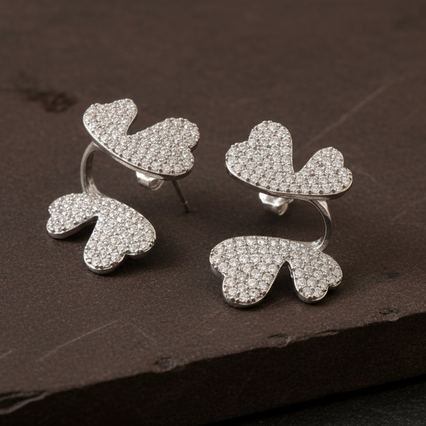 Silver Butterfly Heart Earrings – Pavé CZ Statement Studs for Women - Zirak Silver