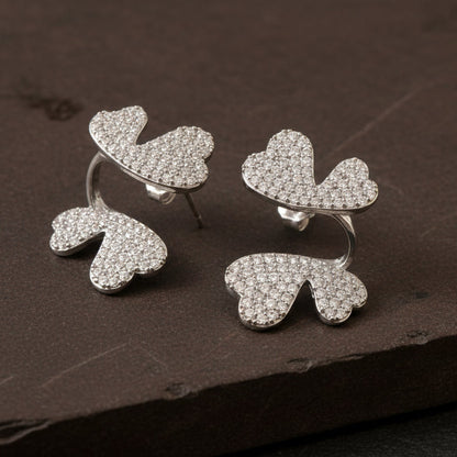 Silver Butterfly Heart Earrings – Pavé CZ Statement Studs for Women - Zirak Silver
