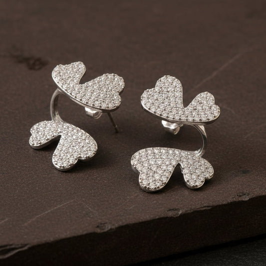 Silver Butterfly Heart Earrings – Pavé CZ Statement Studs for Women - Zirak Silver