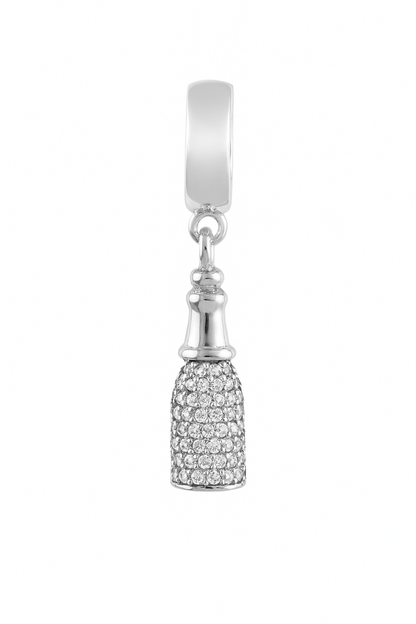 Silver Champagne Bottle Charm with Heart & Bow – Pavé CZ Detailing - Zirak Silver