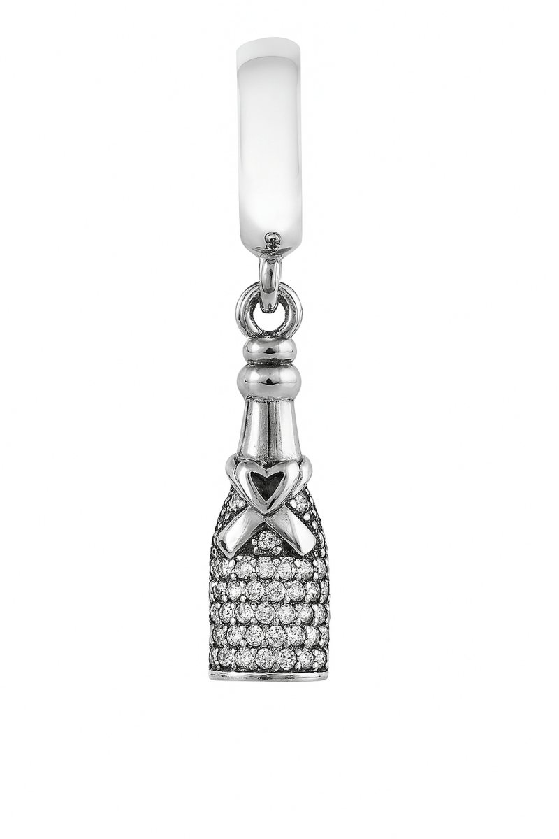 Silver Champagne Bottle Charm with Heart & Bow – Pavé CZ Detailing - Zirak Silver