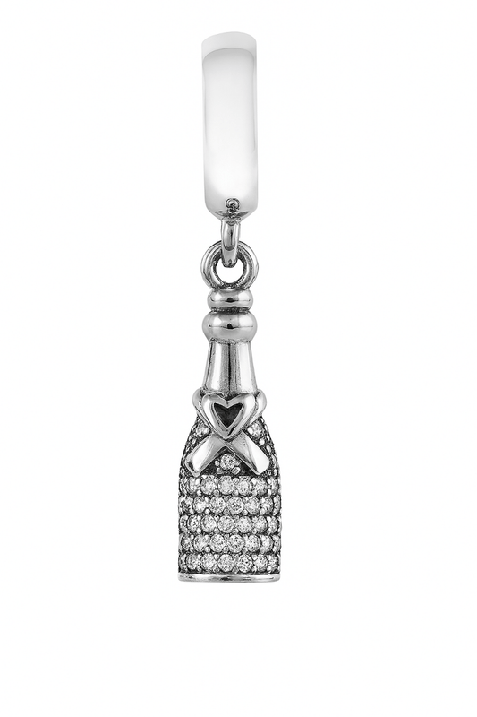 Silver Champagne Bottle Charm with Heart & Bow – Pavé CZ Detailing - Zirak Silver