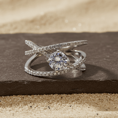 Silver Crossover Solitaire Ring – Dainty CZ Crisscross Band - Zirak Silver