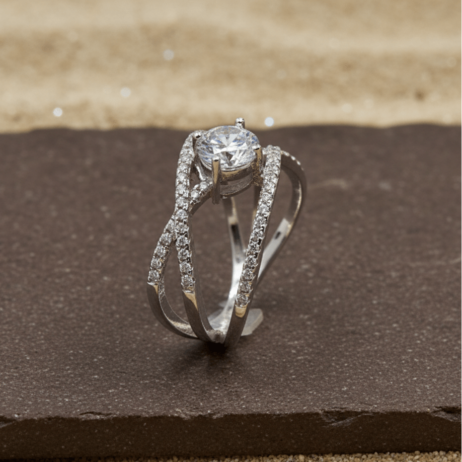Silver Crossover Solitaire Ring – Dainty CZ Crisscross Band - Zirak Silver