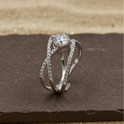 Silver Crossover Solitaire Ring – Dainty CZ Crisscross Band - Zirak Silver