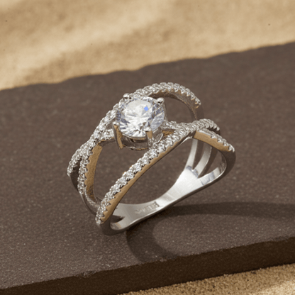 Silver Crossover Solitaire Ring – Dainty CZ Crisscross Band - Zirak Silver