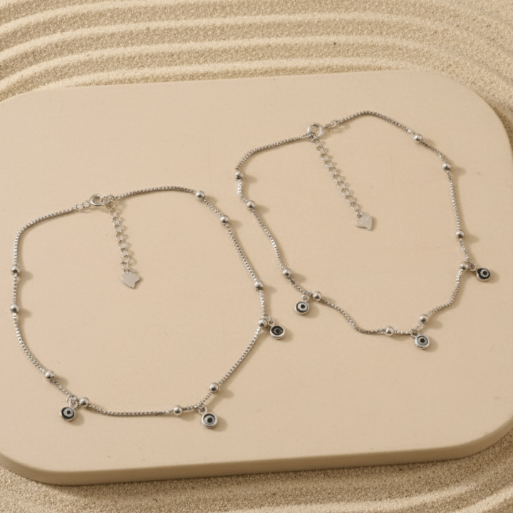 Silver Evil Eye Anklet | Adjustable Protection Anklet | Sterling Silver Beaded Jewelry - Zirak Silver