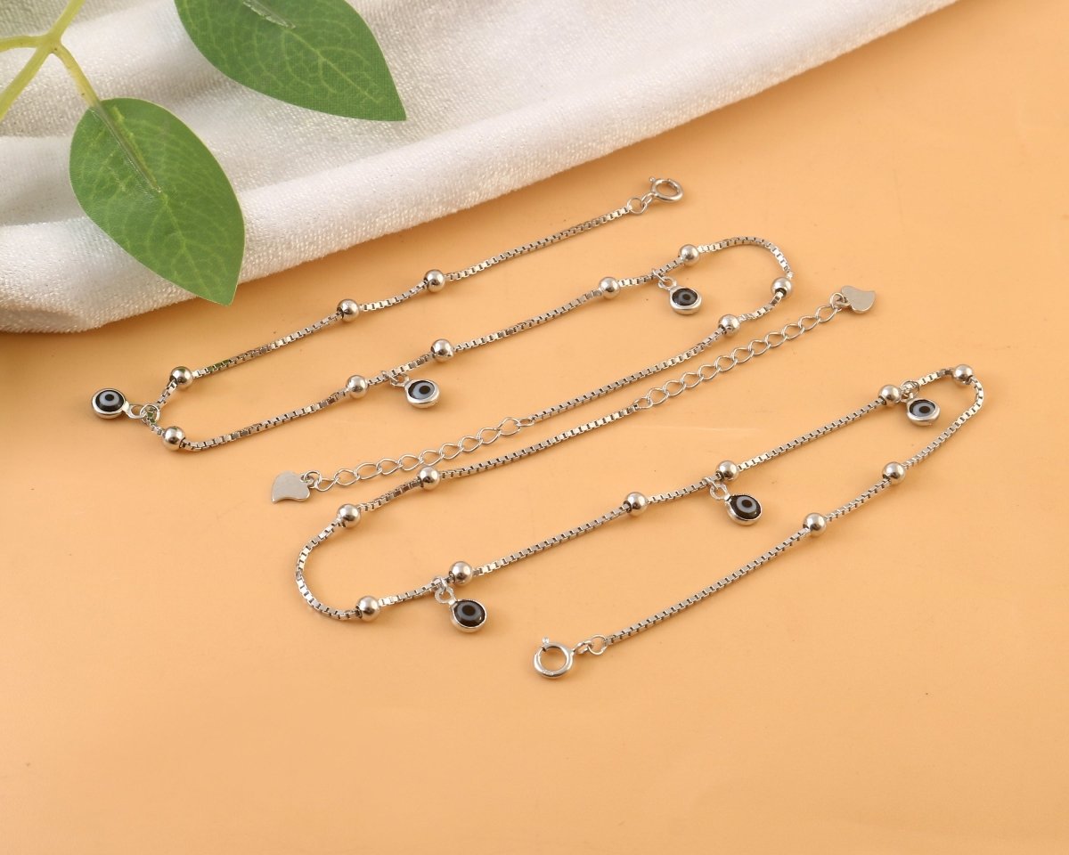 Silver Evil Eye Anklet | Adjustable Protection Anklet | Sterling Silver Beaded Jewelry - Zirak Silver