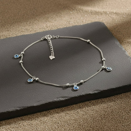 Silver Evil Eye Anklet | Adjustable Protection Anklet | Sterling Silver Beaded Jewelry - Zirak Silver